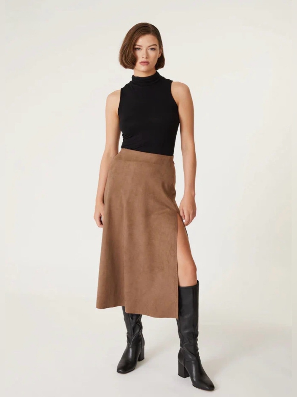 Level 99 Uma Faux Suede Slit Skirt Brown Size S
